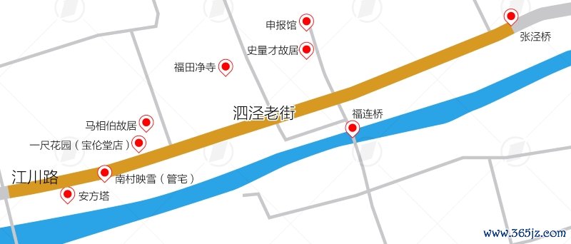 西起泗泾江川路，东到张泾桥，以首尾两座古镇泗泾牌坊为界，泗泾老街长约700米。蒋皓明制图